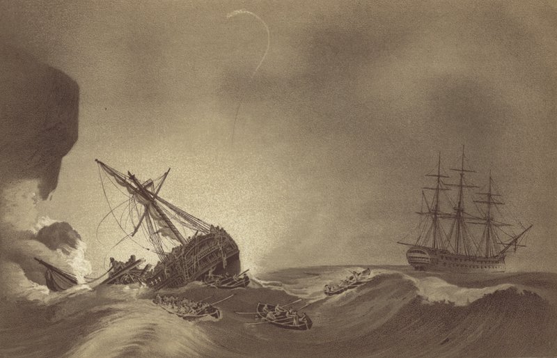 1804年11月24日、デヴォン州トーベイで難破したJ・ハンター船長指揮のHMSヴェネラブルの乗組員を救助するトーマス・バイアム・マーティン船長指揮のHMSインペテュウ（リトグラフ版）。 作： 英語学校