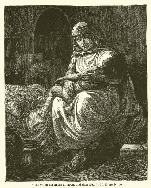 "彼は正午まで彼女の膝の上に座っていて、そして死んだ", II, Kings, iv, 20 (carving) 作： 英語学校