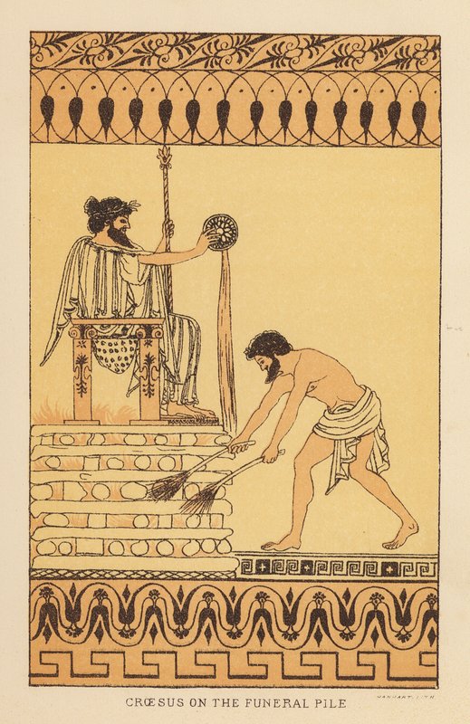 ヘロドトス葬儀の杭の上のクロイソス（カラーリトグラフ） 作： 英語学校