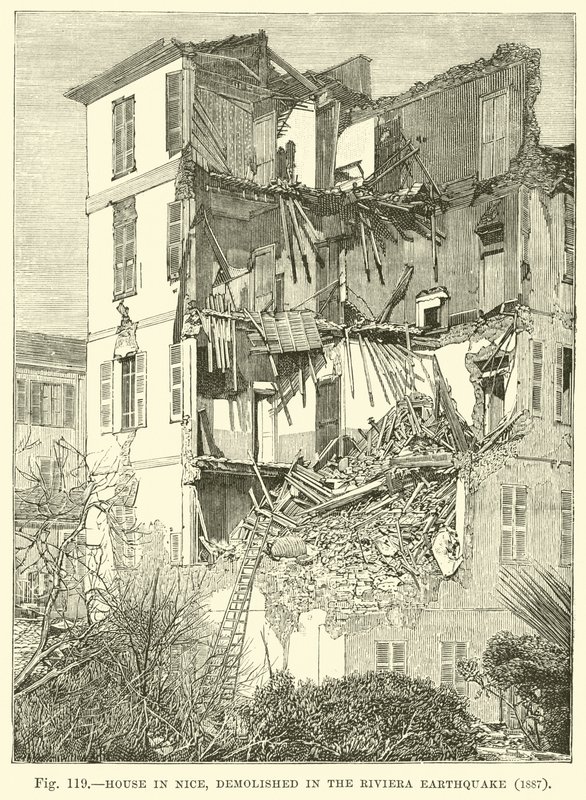 1887年のリビエラ地震で破壊されたニースの家 作： 英語学校