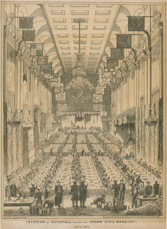 1837年11月9日の大規模な市民宴会中のギルドホールの内部 作： 英語学校