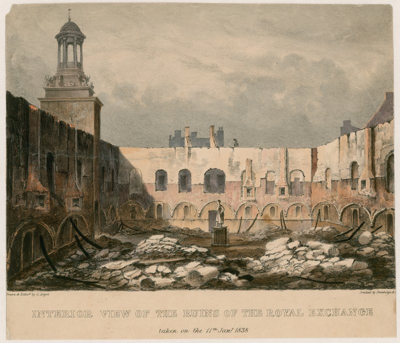 1838年1月11日に撮影されたロンドン王立証券取引所の遺跡の内部ビュー 作： 英語学校