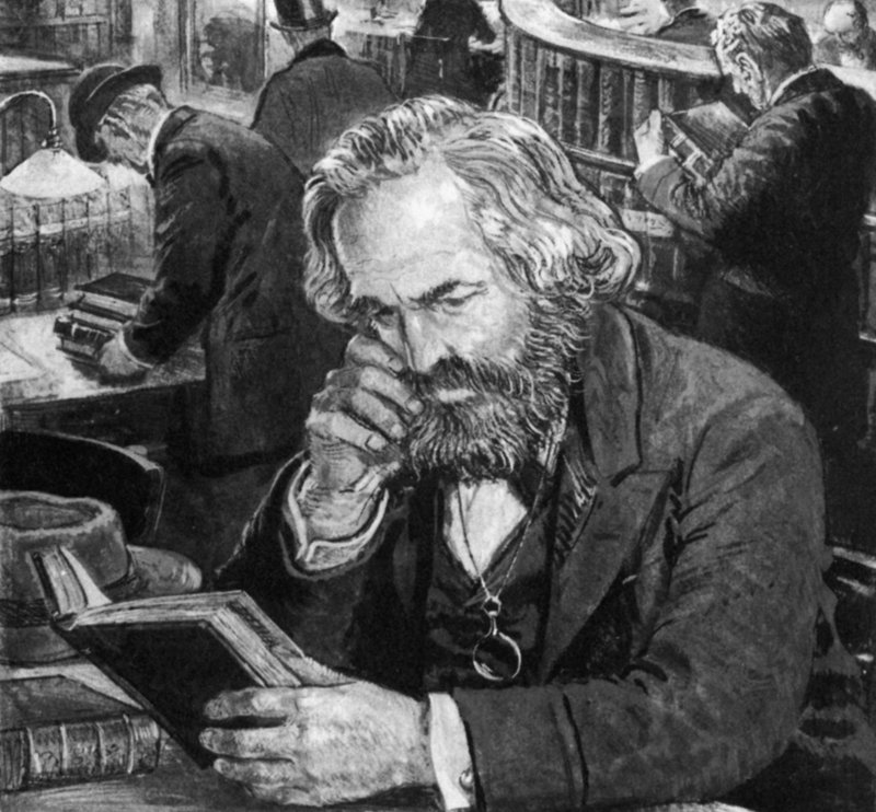 カールマルクスが大英博物館の閲覧室で勉強と執筆 作： 英語学校