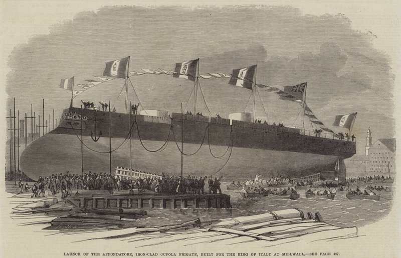 1865年にミルウォールでイタリア国王のために建てられた、鉄壁のキュポラフリゲート艦、アフォンダトーレの発売 作： 英語学校