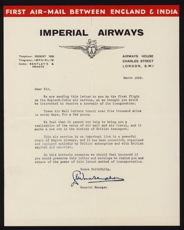 1929年3月、インペリアル・エアウェイズによるイギリス・インド間の初の航空郵便サービス開始（リトグラフ 作： 英語学校