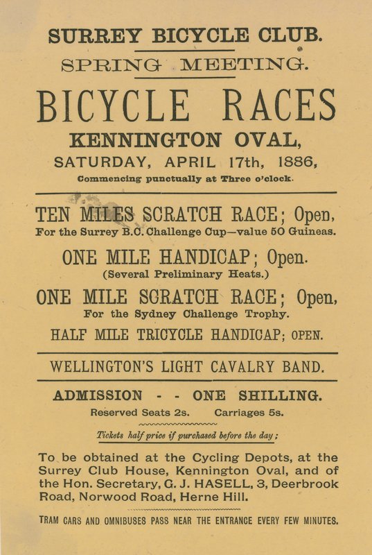 1886年4月17日、ケニントンオーバルで自転車レースを宣伝するリーフレット 作： 英語学校