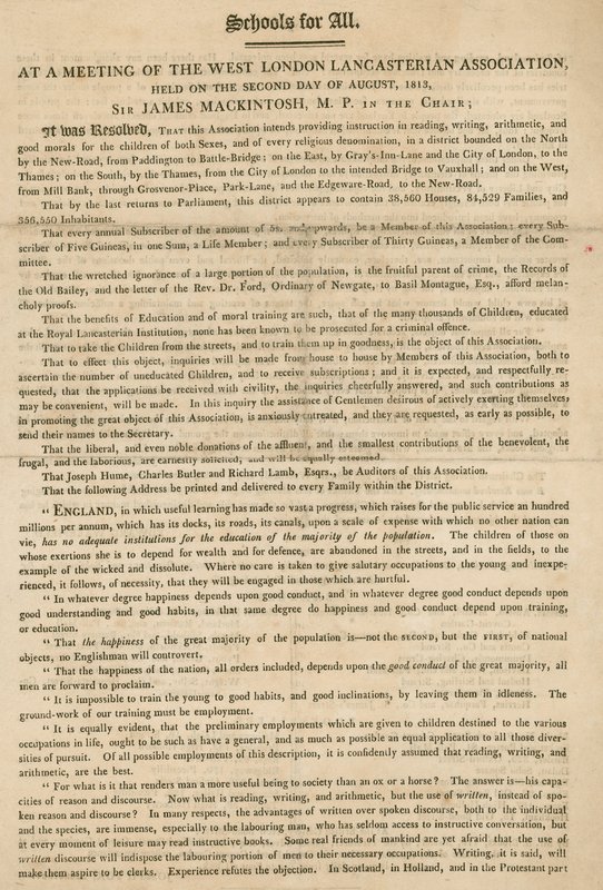 1813年8月、ウェストロンドンランカステア協会の子供たちへの指導を開始する決議を説明したリーフレット 作： 英語学校