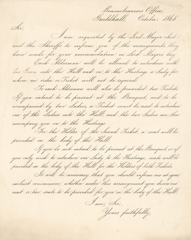 1868年11月9日、ロンドンのギルドホールでの宴会の手配を詳述した手紙 作： 英語学校