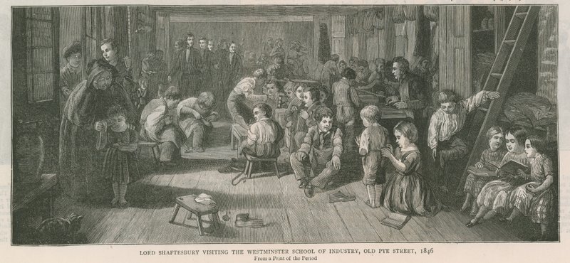 1846年、ロンドンのオールドパイストリート、ウェストミンスター工業学校を訪問したシャフツベリー卿 作： 英語学校