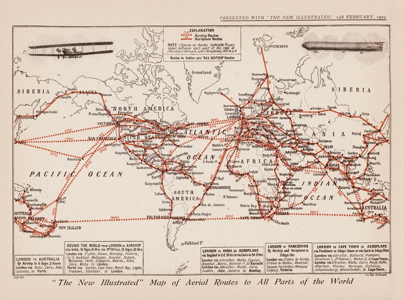 世界各地への航空路線図（カラーリトグラフ） 作： 英語学校