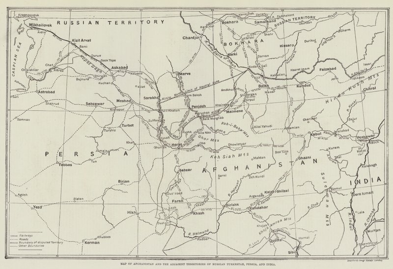 アフガニスタンとロシアトルキスタン、ペルシャ、インドの隣接地域の地図 作： 英語学校