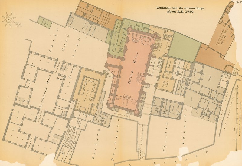 1750年頃のロンドン、ギルドホールとその周辺の地図 作： 英語学校
