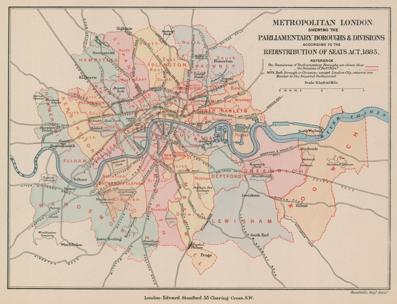 1885年の議会の自治区と支部を示すロンドン首都圏の地図 作： 英語学校