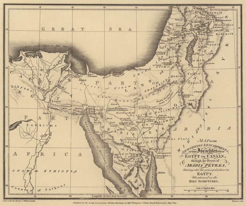 エジプトからカナンに至るイスラエルの民の砂漠の旅と宿営の地図（エングレーヴィング） 作： 英語学校