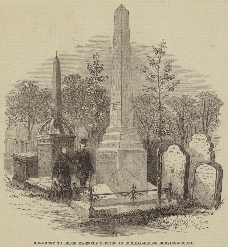 Bunhill-Fields Burying-Groundに最近建てられたデフォーの記念碑（エングレービング 作： 英語学校