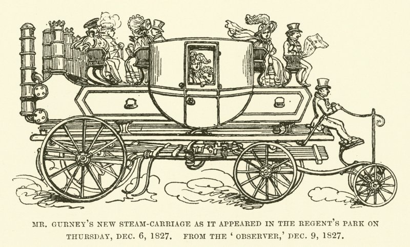 1827年12月6日（木）にリージェンツ・パークに登場したガーニー氏の新しい蒸気馬車（1827年12月9日付オブザーバー紙より）（彫刻 作： 英語学校