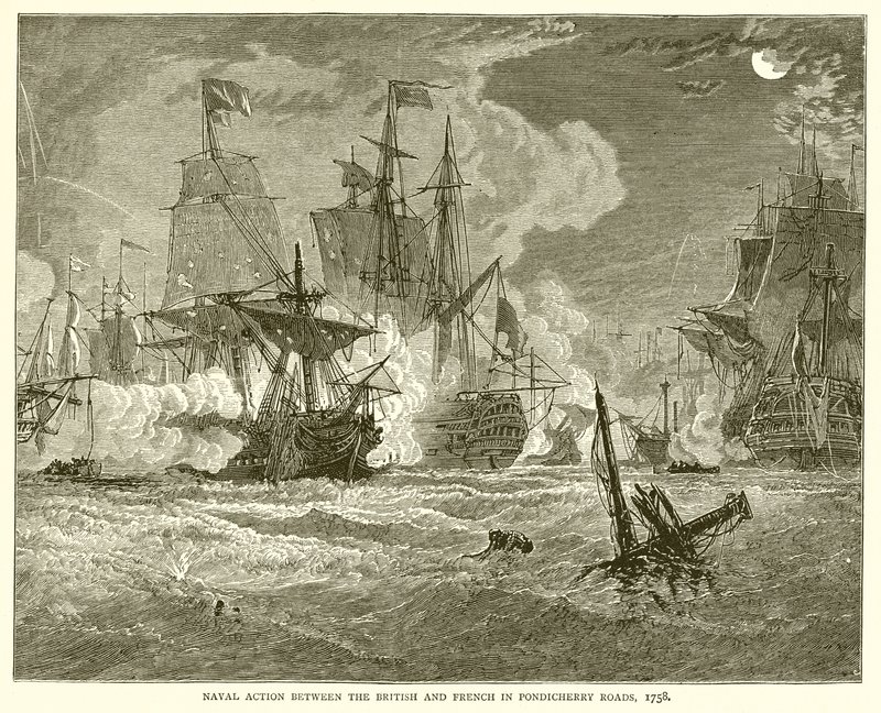 1758年のポンディシェリー道路におけるイギリスとフランスの間の海軍の行動 作： 英語学校