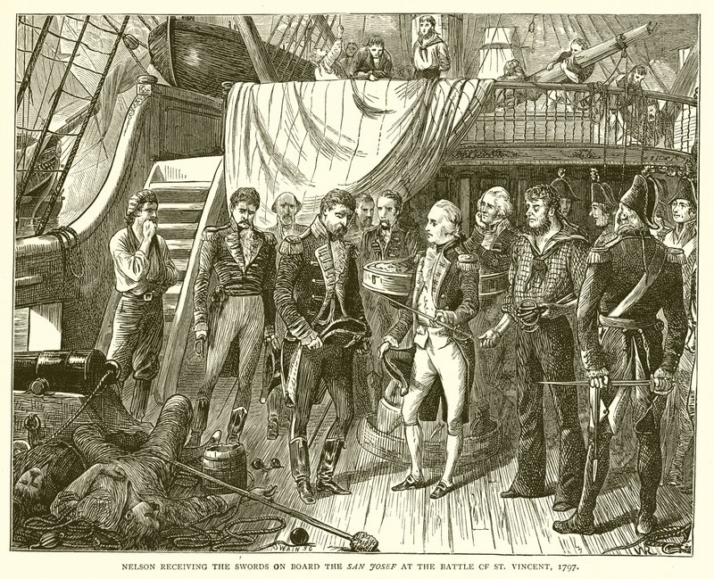1797年のセントビンセントの戦いでサンジョセフの剣を受け取ったネルソン 作： 英語学校