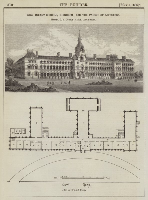 リバプール教区のためのカークデールの新しい幼児学校、Messrs J A Picton and Son, Architects (e.g. for the Parish of Liverpool) 作： 英語学校