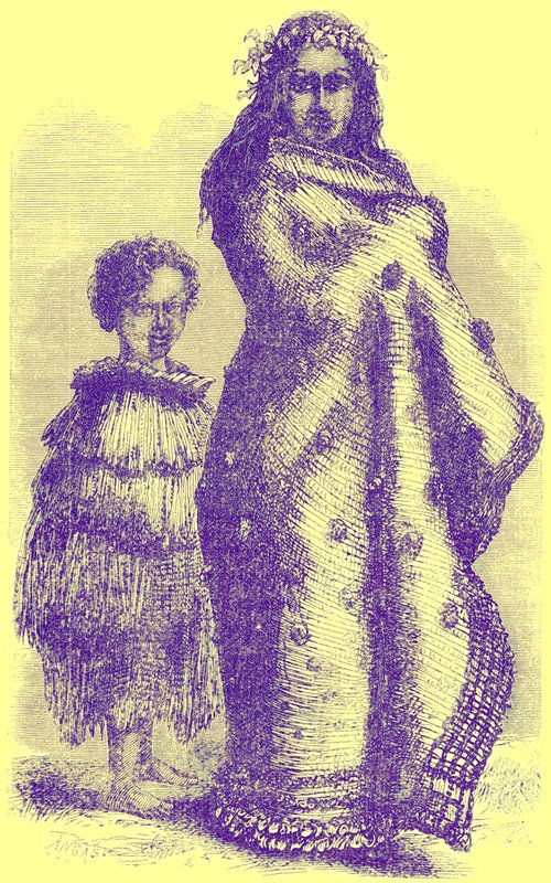 ウィリアムキングストンの著名なボイジャーからのニュージーランドの女性と少年のイラスト、1885年に発行（デジタル処理された画像） 作： 英語学校