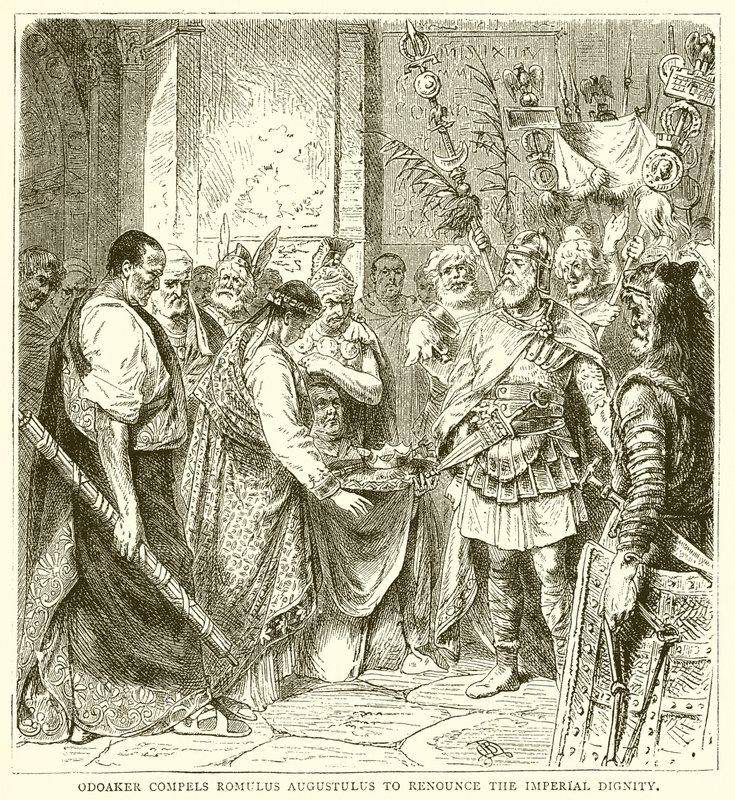 Odoakerは、Romulus Augustulusに帝国の尊厳を放棄するよう強いる 作： 英語学校