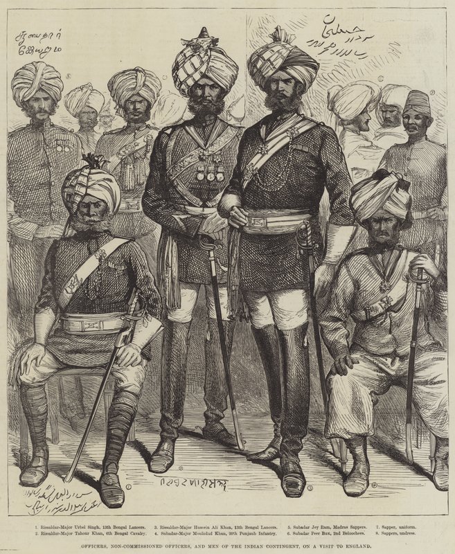イギリス訪問中のインド部隊の将校・下士官・兵員たち（エングレービング 作： 英語学校