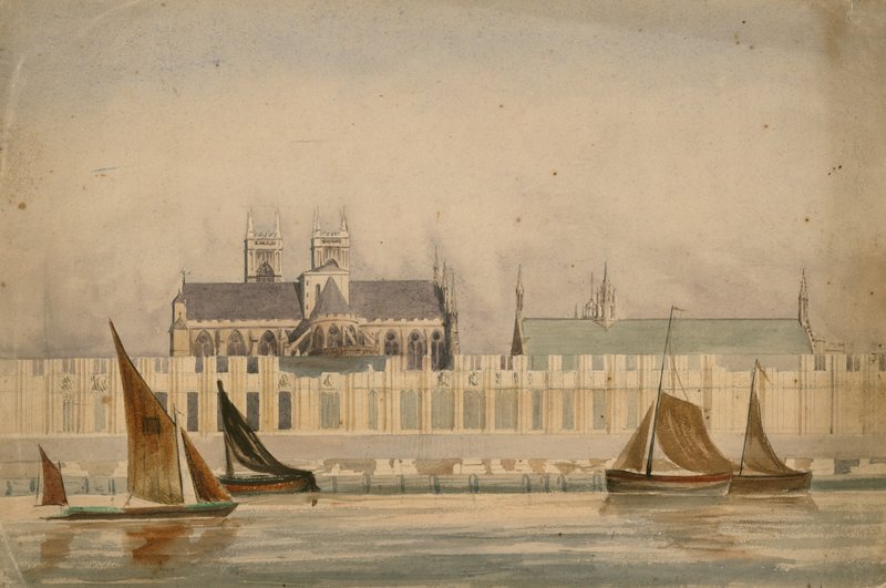1842年頃に建てられた国会議事堂のオリジナルの水彩画（紙にトイレ） 作： 英語学校
