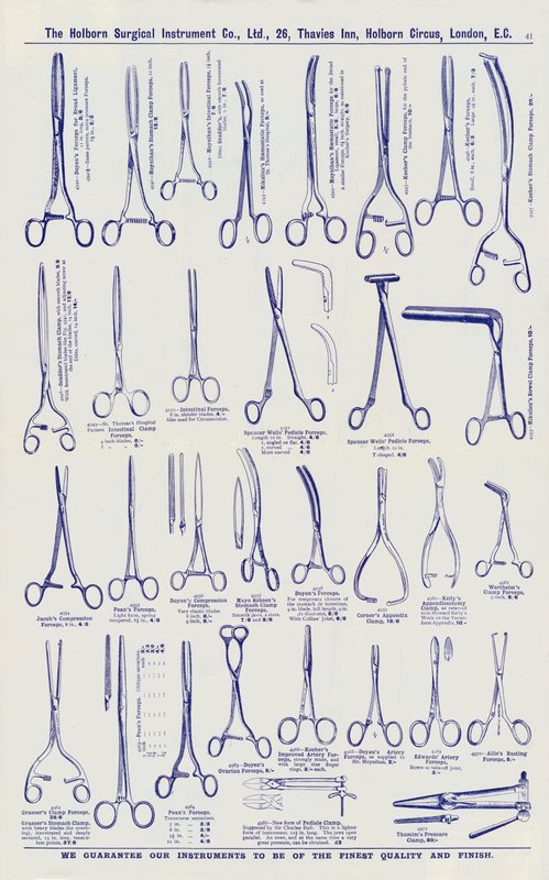 1900年頃の手術器具カタログのページ(リトグラフ) 作： 英語学校