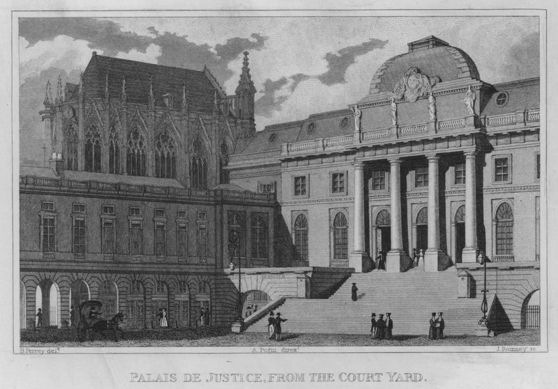 パリ、パレ・ド・ジャスティス、裁判所の庭から（エングレーヴィング 作： 英語学校