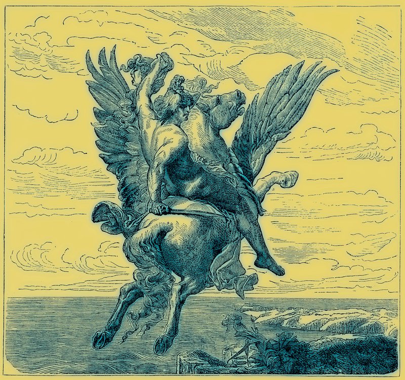 翼のある馬ペガサスに乗ったペルセウスとメデューサの頭 1880年頃に出版された「The Illustrated History of the World」のイラスト（デジタル拡張画像 作： 英語学校