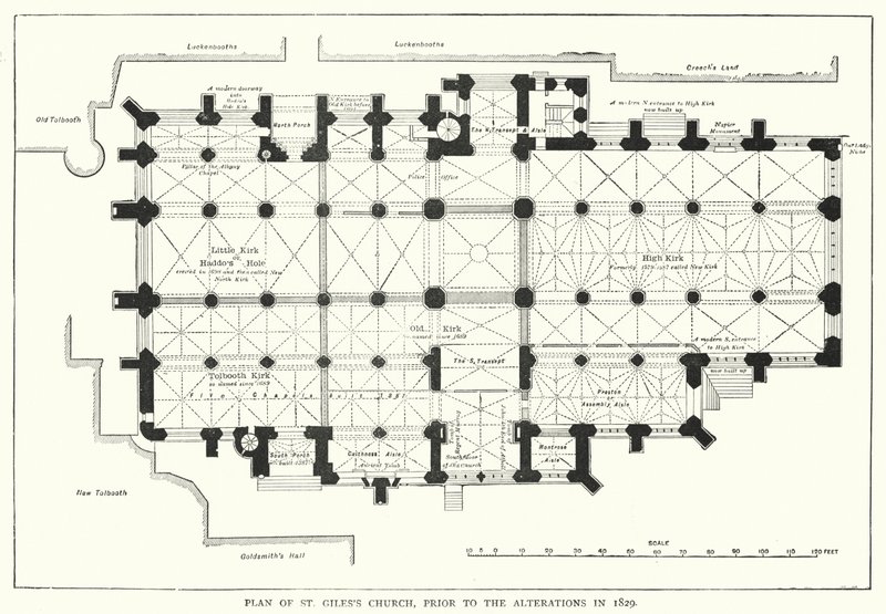 1829年に改築される前のセント・ジャイルズ教会の平面図（エングレーヴィング 作： 英語学校