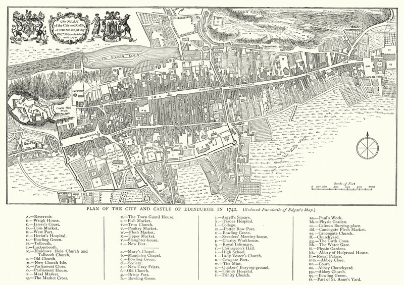 1742年のエディンバラの街と城の平面図（彫刻 作： 英語学校
