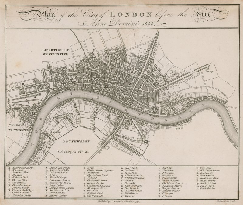 1666年の火災前のロンドン市の計画 作： 英語学校