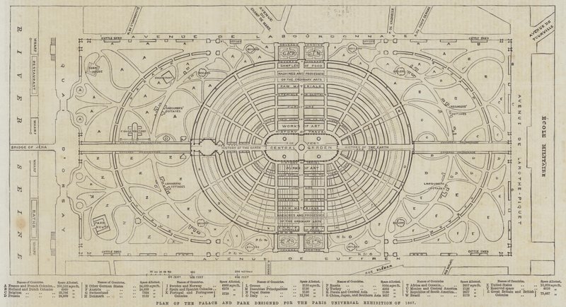 1867年のパリ万国博覧会のために設計された宮殿と公園の平面図（エングレービング 作： 英語学校
