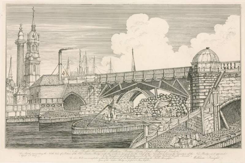 1827年に建設工事中に描かれたオールドロンドンブリッジの一部 作： 英語学校