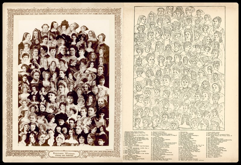 肖像画のモンタージュ、1910年頃著名な女性、文学と歴史（リトグラフ） 作： 英語学校