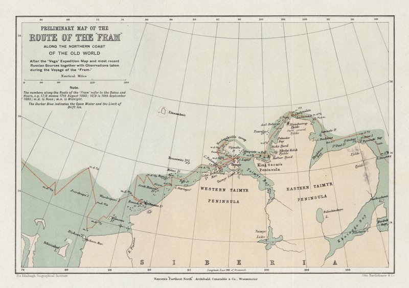 旧世界の北海岸に沿ったフラムのルートの予備地図 作： 英語学校