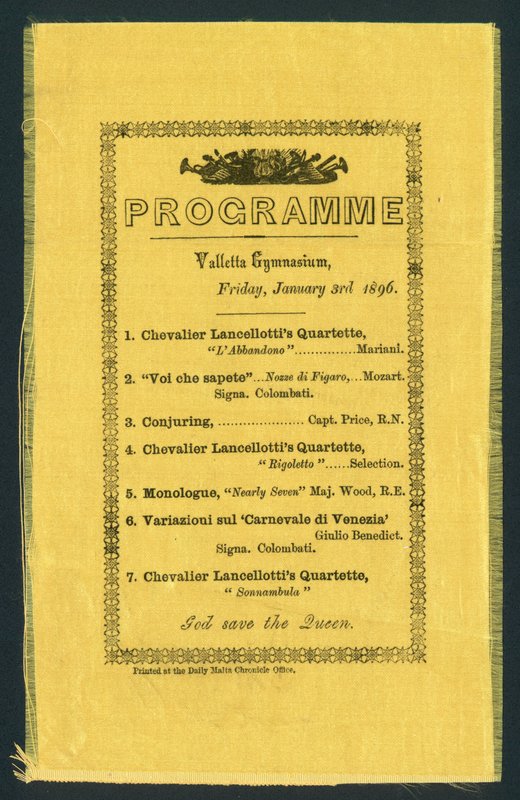 バレッタ体育館のプログラム、1896年1月3日（印刷） 作： 英語学校