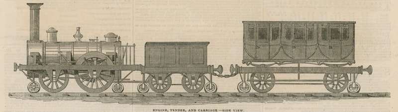 プロッサー木製鉄道：エンジン、テンダーおよびキャリッジ、側面図 作： 英語学校
