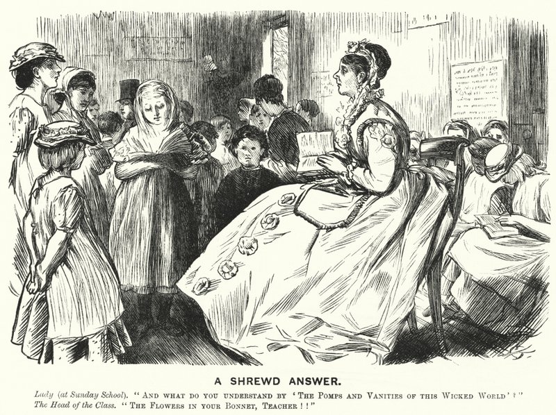 パンチの漫画。A Shrewd Asnwer - Victorian Sunday school scene (in engraving) 作： 英語学校
