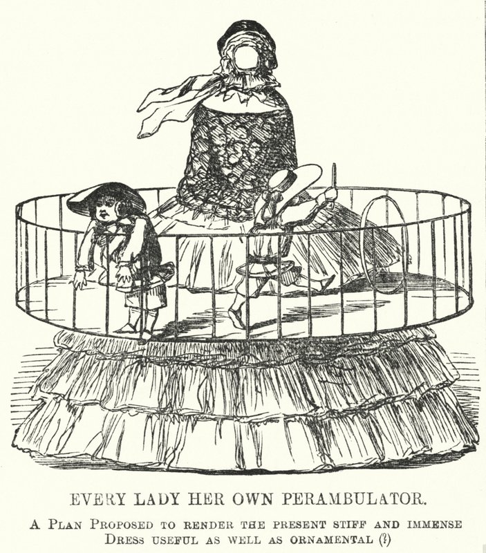 パンチ漫画。Every Lady Her Own Perambulator - 女性のフープスカートの流行（エングレービング 作： 英語学校