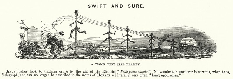 パンチの漫画。Swift and Sure - 犯罪追跡のための電気電信の使用（エングレーヴィング 作： 英語学校