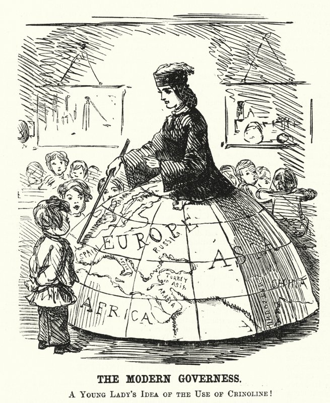 パンチの漫画。The Modern Governess - Wide hoop skirt serving as a geography teaching aid (Engraving) 作： 英語学校