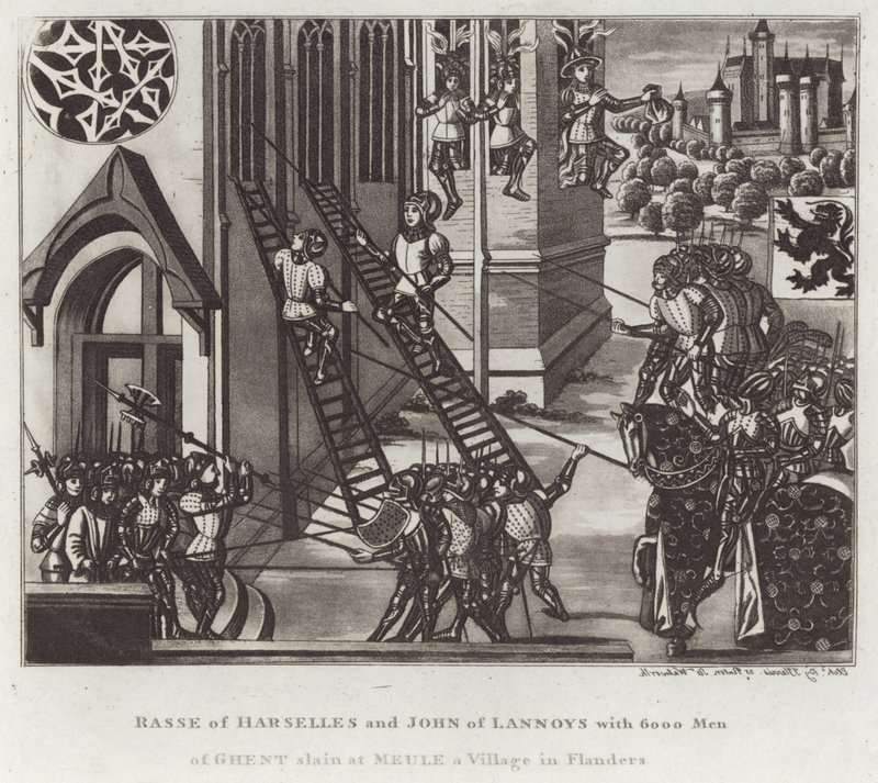 フランダースの村Meule a Villageで6000人のゲントの男性を殺害したRasse of HarsellesとJohn of Lannoys 作： 英語学校