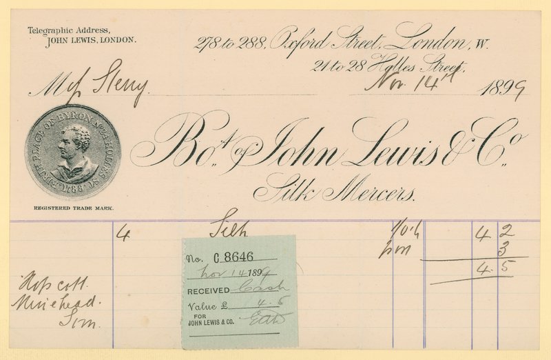 1896年11月14日、John Lewis＆Co.からの領収書 作： 英語学校