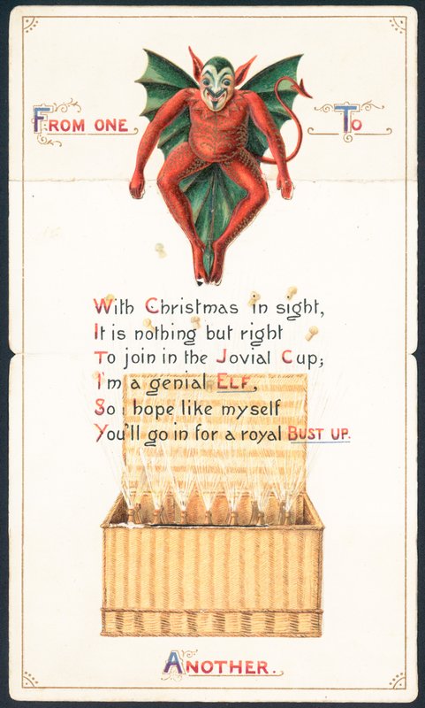 赤い悪魔と籐のバスケット、クリスマスカード 作： 英語学校