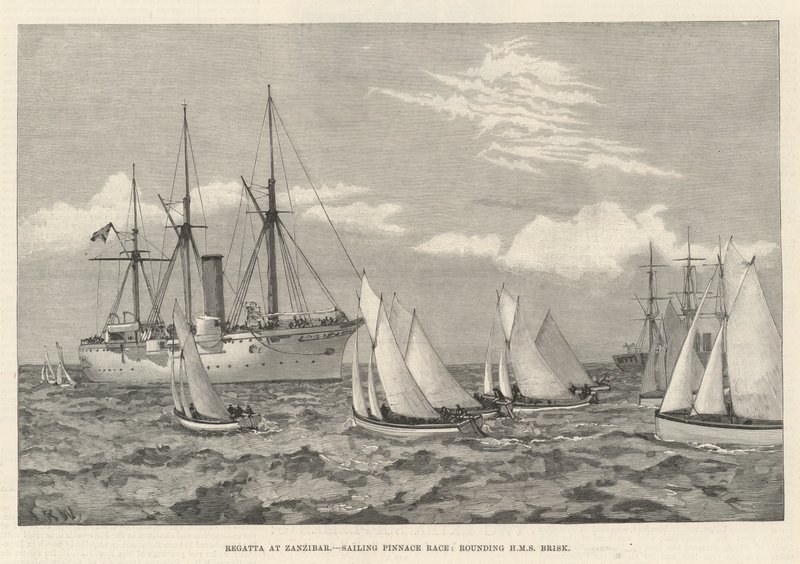 ザンジバルでのレガッタ、帆船パイナスレース、HMSブリスクを周回（彫刻 作： 英語学校