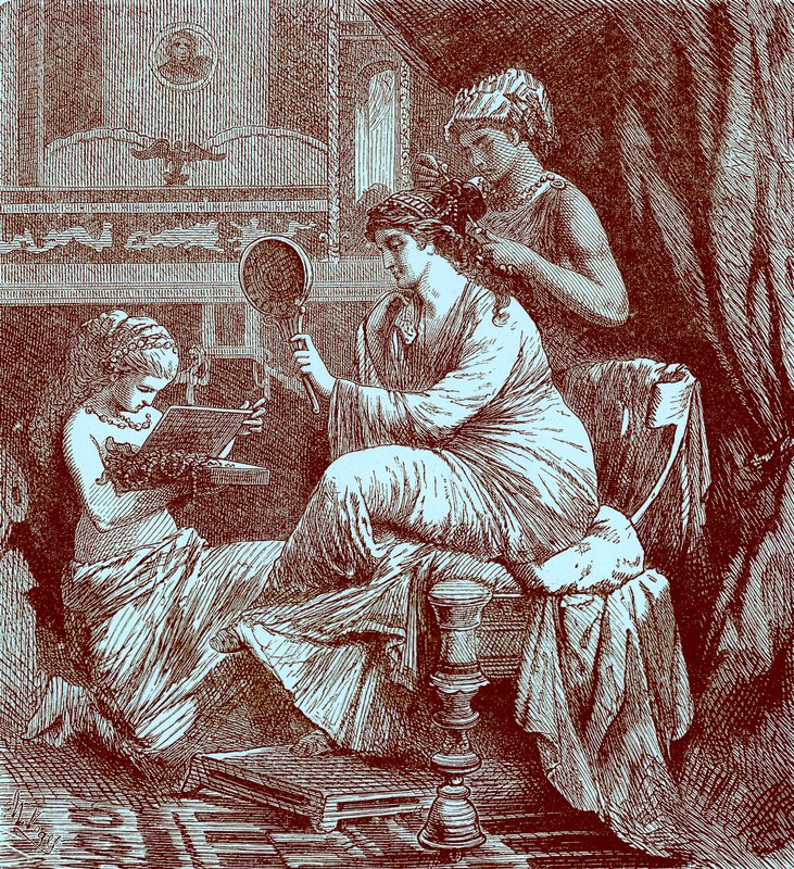 トイレにいるローマの女性、「世界の歴史を描いた歴史」のイラスト、1880年に出版（デジタル処理された画像） 作： 英語学校