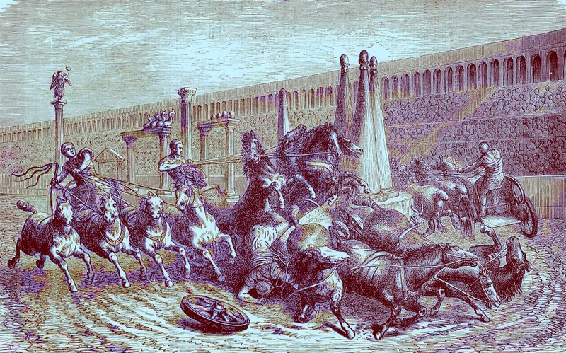 帝国下のローマの公共ゲーム-サーカスの戦車レース、イラストレイテッドヒストリーオブザワールドのイラスト、c.1880を発行（デジタル強化画像） 作： 英語学校