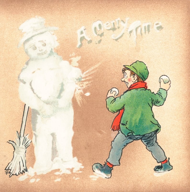 雪だるま、クリスマスカードで雪玉を投げるラフな少年 作： 英語学校
